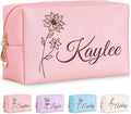 Personalized Makeup Bag with Name & Birth Flower, Custom Leather Cosmetic Bags for Women, Customized Travel Toiletry Bag Gifts for Bridesmaid Wedding