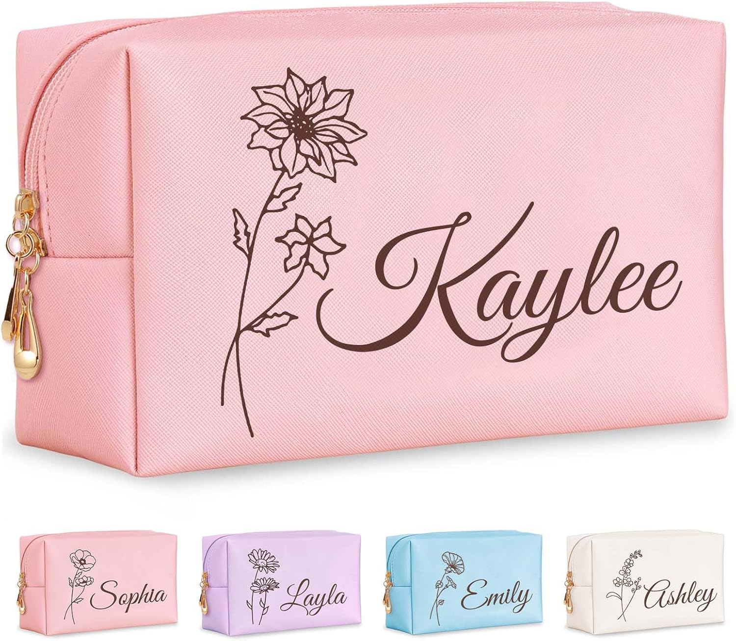 Personalized Makeup Bag with Name & Birth Flower, Custom Leather Cosmetic Bags for Women, Customized Travel Toiletry Bag Gifts for Bridesmaid Wedding