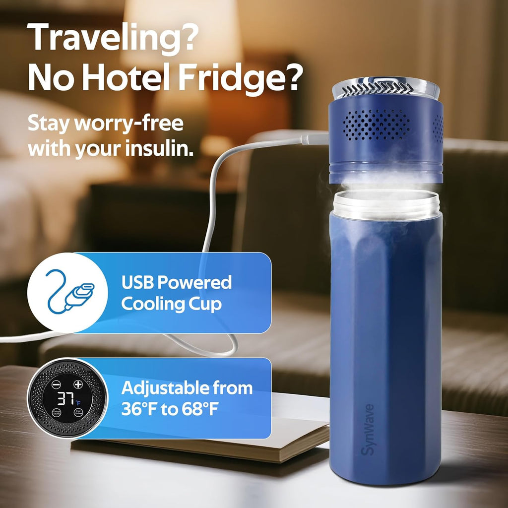 Insulin Cooler Travel Case for 4 Pens,Medication Cooler for Travel with Temp Display&Ice Packs，Diabetic Insulin Case with Portable Cup Sleeves，Supports Mobile Power Cooling，TSA Approved(Blue)