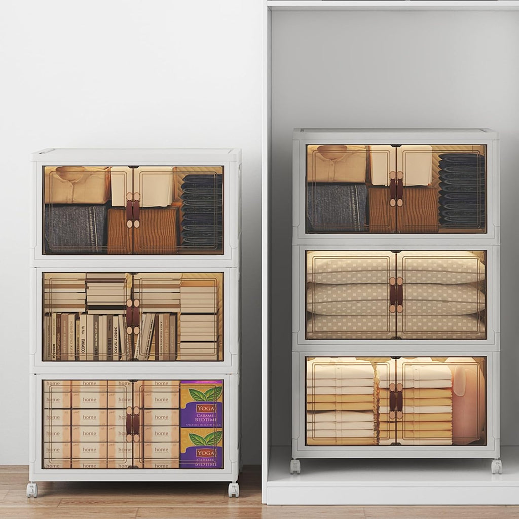 720Qt Stackable Storage Bins with Lids, 6 Pack Large Collapsible Bins with Wheels, Plastic Cabinet with Doors, Foldable Closet Organizers and Storage for Home, Dorm, Office, White