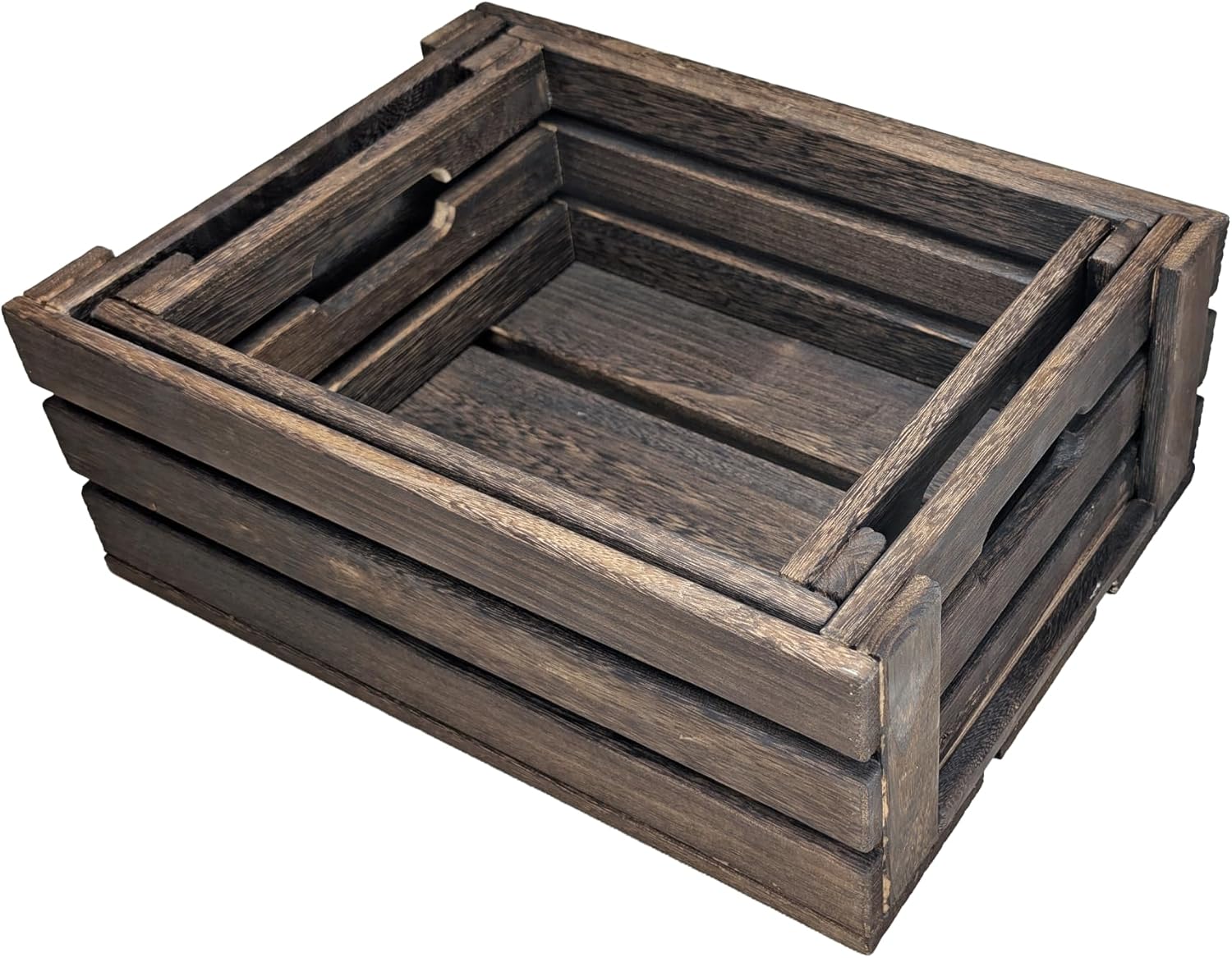 ARTAWEIN Rustic Vintage Finished Wooden Crate with Handles - Nesting Storage, Display, Organization Crate for Party, Office, Bedroom, Kitchen and Closet (Rustic Black set of 2)