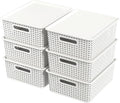 Hespama 6-Pack Plastic Weave Storage Basket with Lid, Stackable Organizer Basket, White