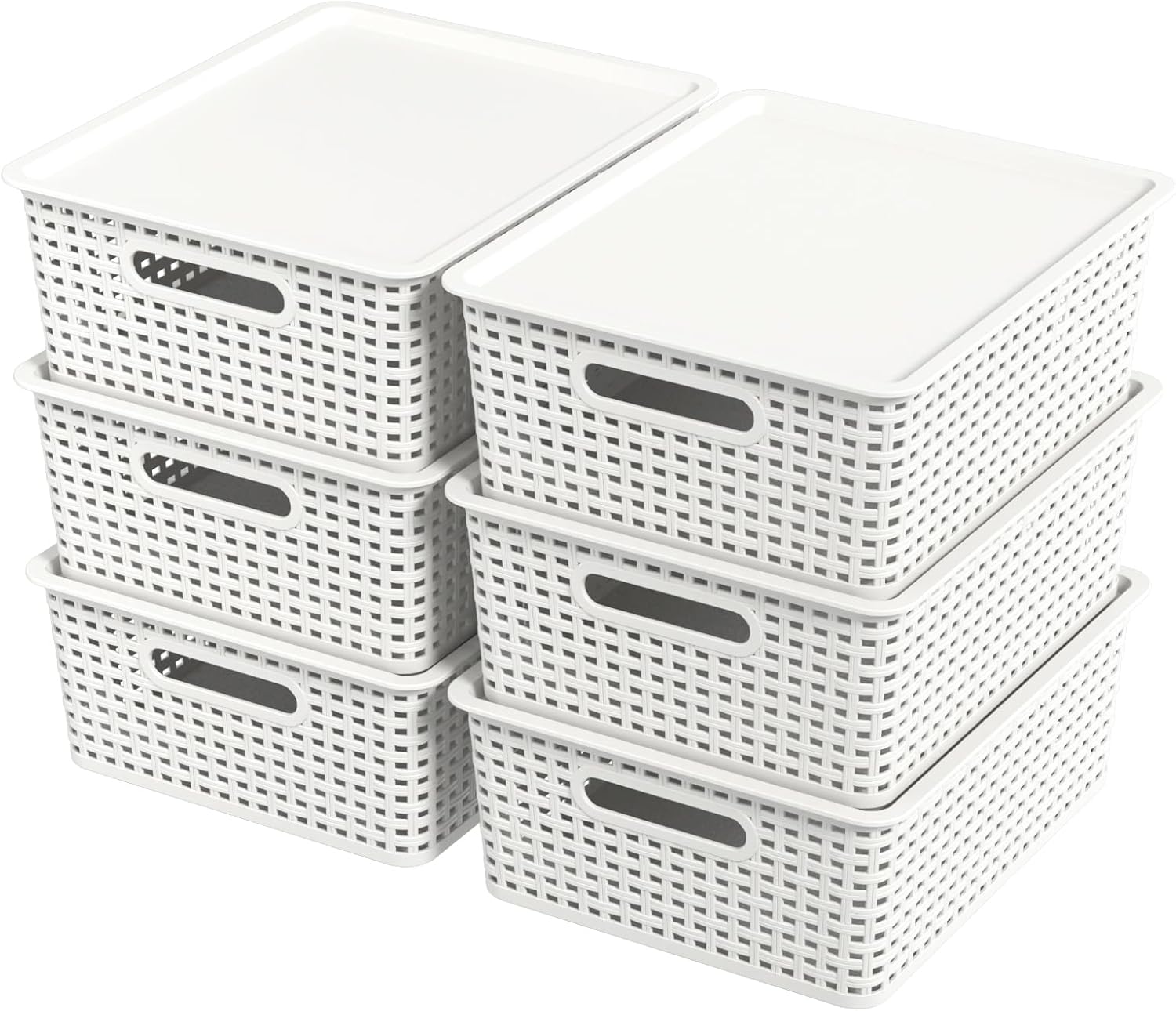 Hespama 6-Pack Plastic Weave Storage Basket with Lid, Stackable Organizer Basket, White