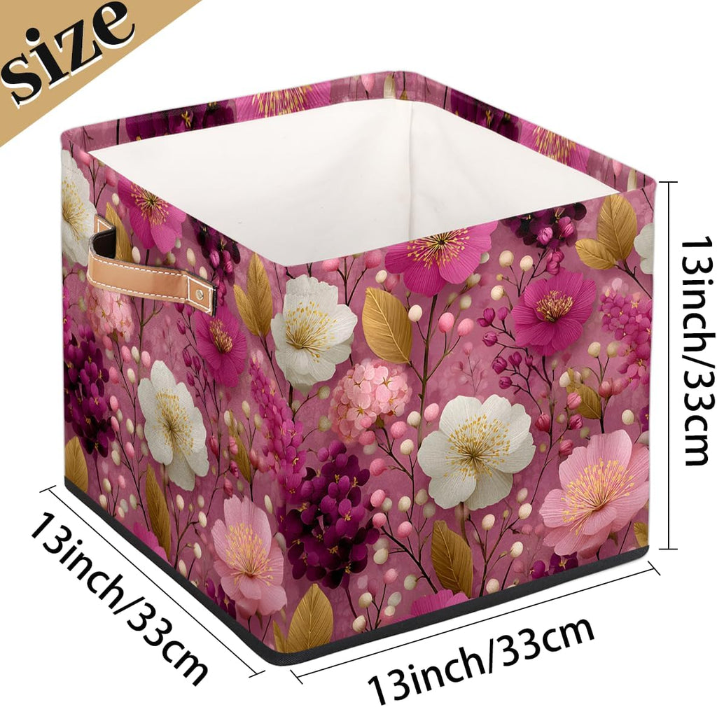 TropicalLife 13x13x13 Inch Large Fabric Storage Cube Pink Floral Print Foldable Storage Bin with Handles Organizer Boxes Cube Basket for Shelves Organizing Closet