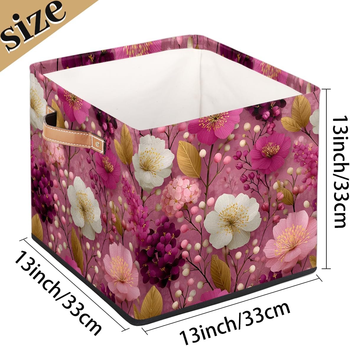 TropicalLife 13x13x13 Inch Large Fabric Storage Cube Pink Floral Print Foldable Storage Bin with Handles Organizer Boxes Cube Basket for Shelves Organizing Closet