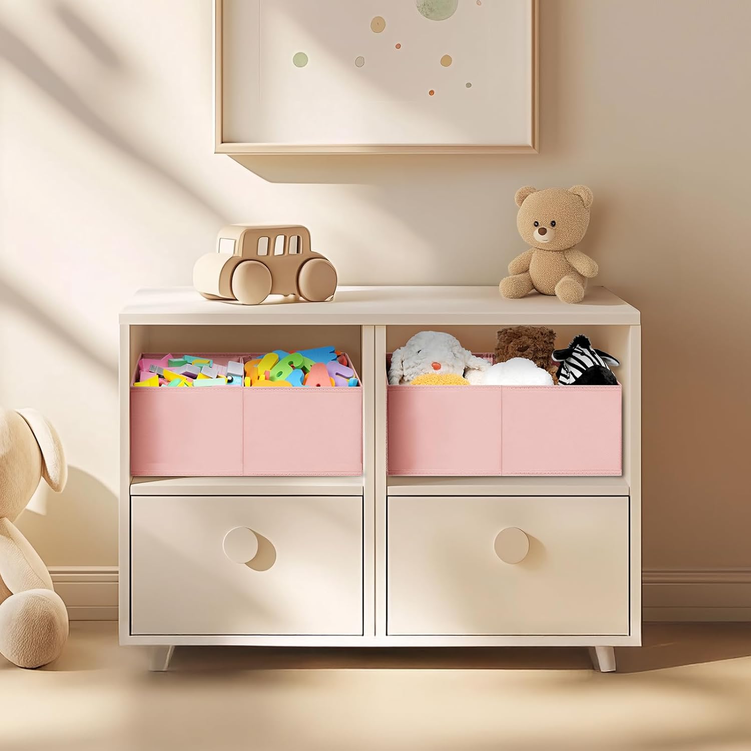 DIMJ Large Closet Shelf Organizer Bins 4 Packs with Handles and Divider, Fabric Trapezoid Storage Baskets, Foldable Clothes Containers Box for Shelf, Towel, Book, Toy, Purse, Hats, Pink