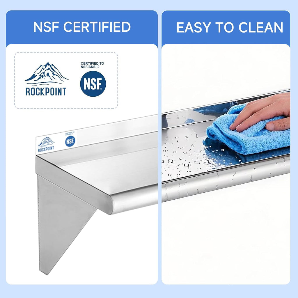 ROCKPOINT Stainless Steel Shelf 12 x 48 Inches 350lb, 2 Pack NSF Commercial Wall Mount Floating Shelving with Backsplash for Restaurant, Kitchen, Home and Hotel, Silver