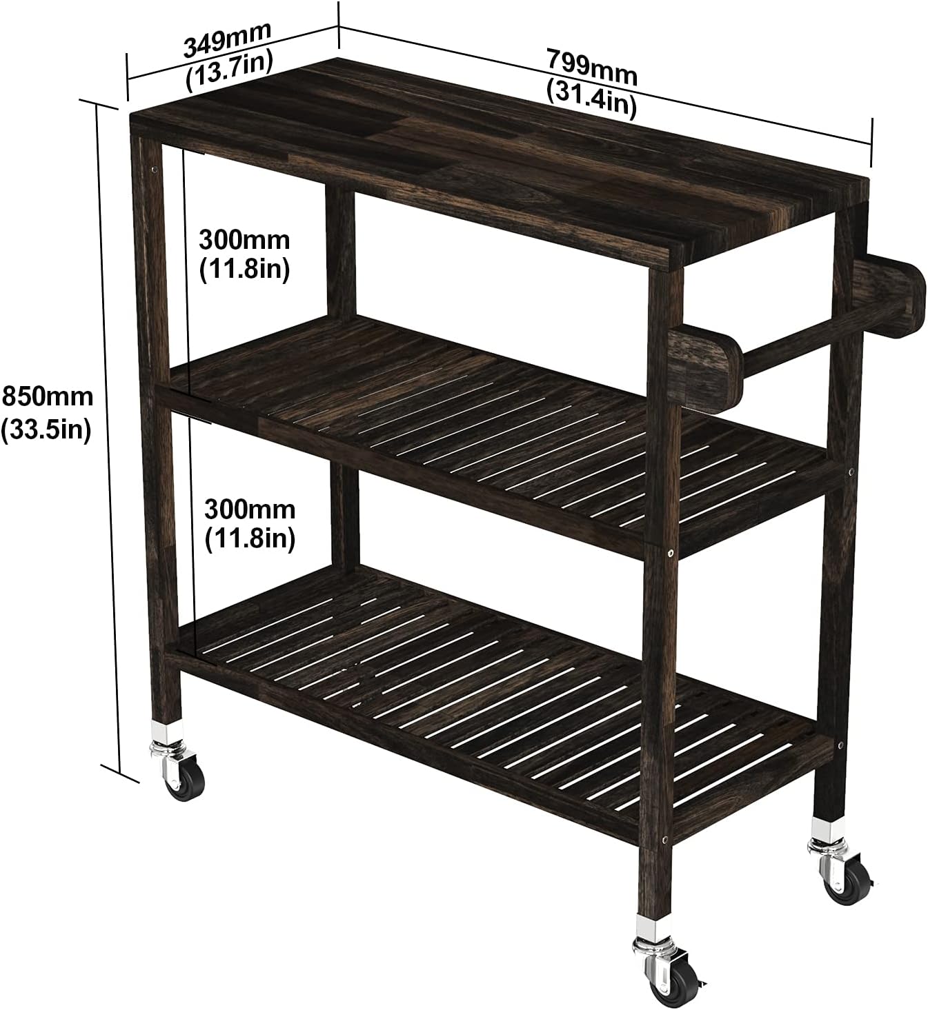 Interbuild 3 Tier Acacia Hardwood Kitchen Cart, Portable Rolling Trolley Cart Kitchen Storage Utility Cart with Towel Rack (Espresso)