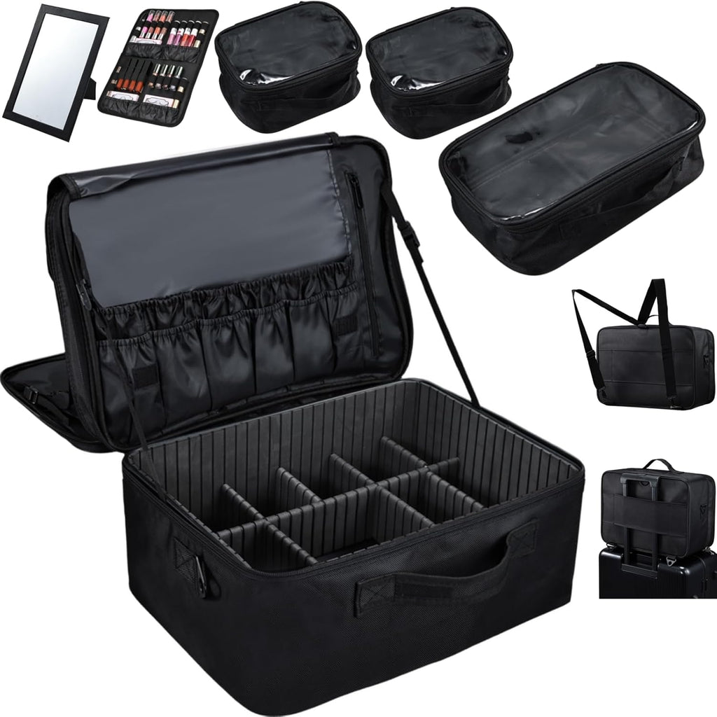 Adazzo Extra Large Makeup Case 8.5” Deep Professional Cosmetic Organizer Box Brush Holder with 3 Clear Set Bags/Lipstick Plate for Makeup Artists with Shoulder Strap/Adjustable Dividers/Luggage Sleeve