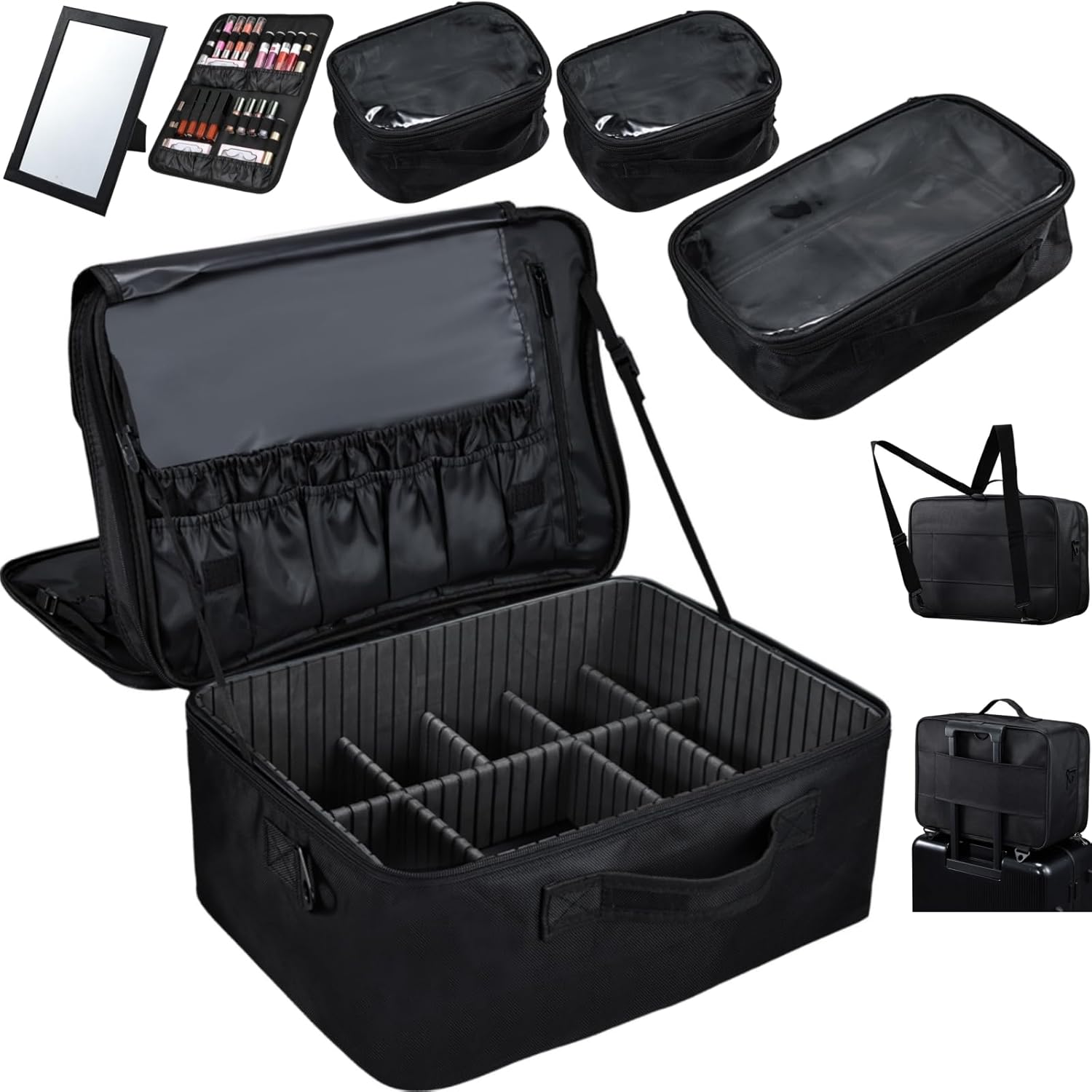 Adazzo Extra Large Makeup Case 8.5” Deep Professional Cosmetic Organizer Box Brush Holder with 3 Clear Set Bags/Lipstick Plate for Makeup Artists with Shoulder Strap/Adjustable Dividers/Luggage Sleeve