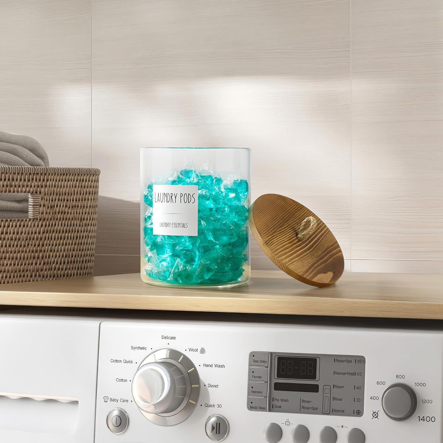 Glass Laundry Pods Container, 0.5 Gallon 2 Liter Laundry Jars with Burnt Wood Lids for Laundry Room Organization and Storage, Powder Detergent Holder for Laundry Room Decor and Accessories