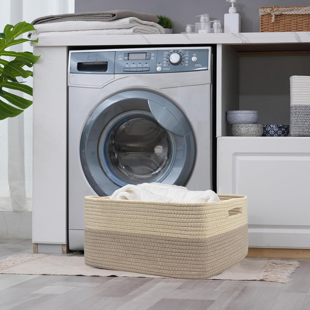 COMFY-HOMI 3 pcs Large Storage Baskets for Shelves, Laundry Basket, Woven Rope Basket, Closet Organizer Bins for Clothes Blanket Towels, Baby Nursery, Gift Toy Baskets, 17” x 13” x 7.5”-Beige Brown