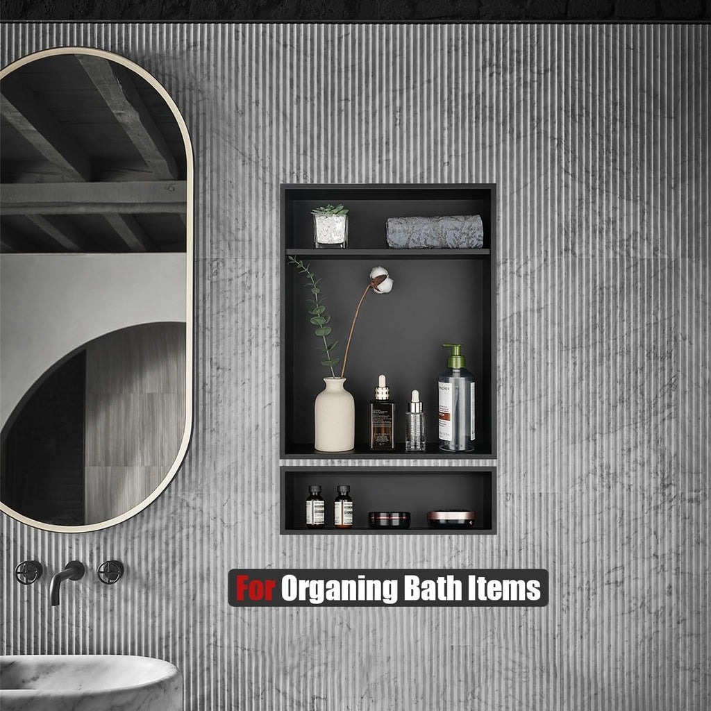 JQK Shower Niche No Tile Need, 18"×14" Matte Black Bathroom Insert Shelf 2 Layer, 304 Stainless Steel Recessed Shower Caddy Organizer Storage, SNL1814D-PB