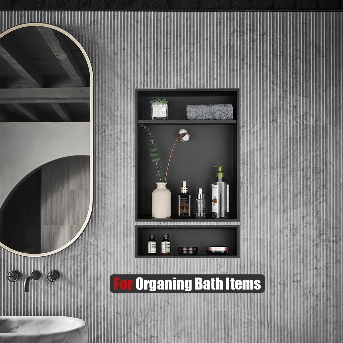 JQK Shower Niche No Tile Need, 18"×14" Matte Black Bathroom Insert Shelf 2 Layer, 304 Stainless Steel Recessed Shower Caddy Organizer Storage, SNL1814D-PB