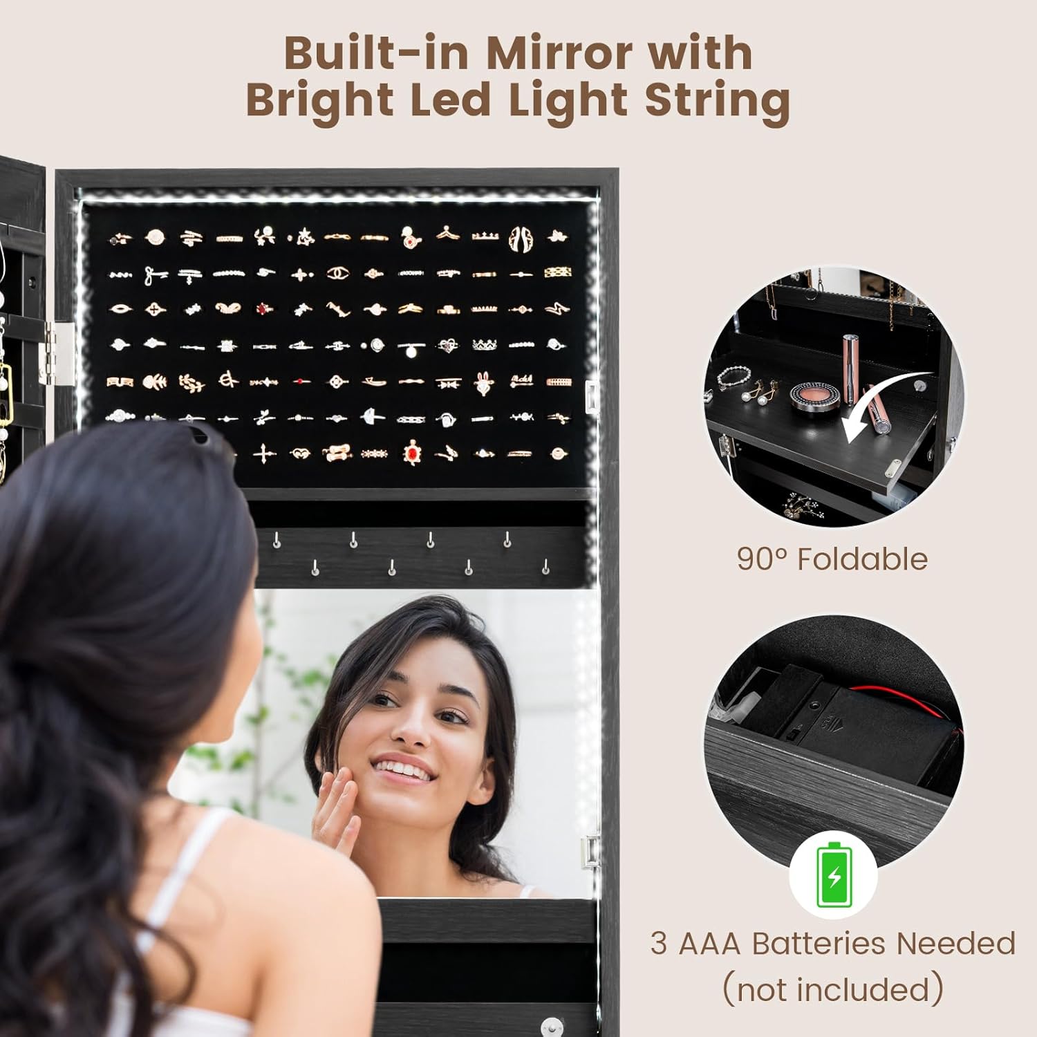 LDAILY 47” LED Jewelry Armoire, Door/Wall Mounted Mirror with Storage, 4 Shelves, 4 Drawers, Full Length Mirror & Flip-up Makeup Tray, Lockable Jewelry Organizer Cabinet for Women & Girls, Gift(Black)