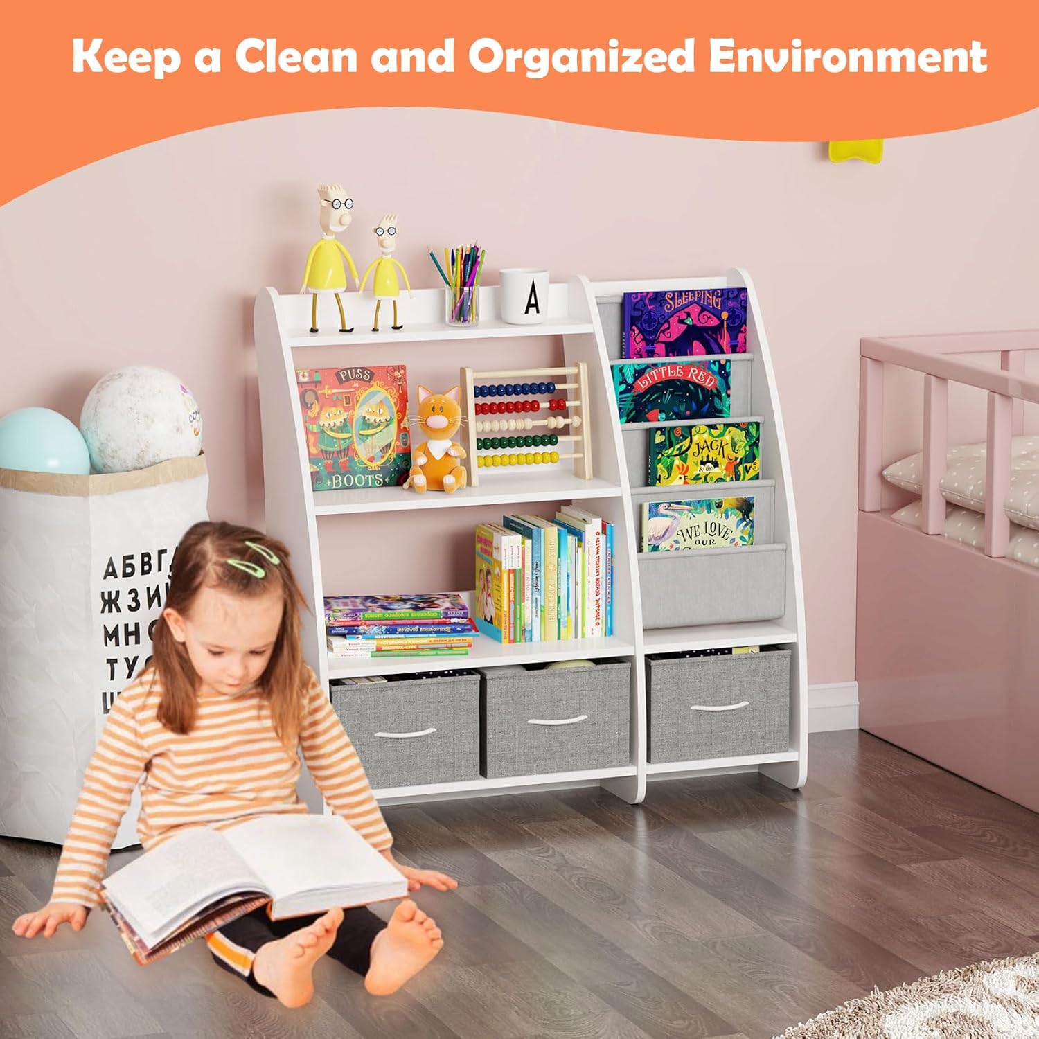 White Kids Bookshelf Wood Toy Storage Organizer Cabinet Children Bookcase Toddler Baby Sling Book Rack 3 Cube Bins Sail Boat Arc Shape for Playroom Bedroom Nursery Classroom