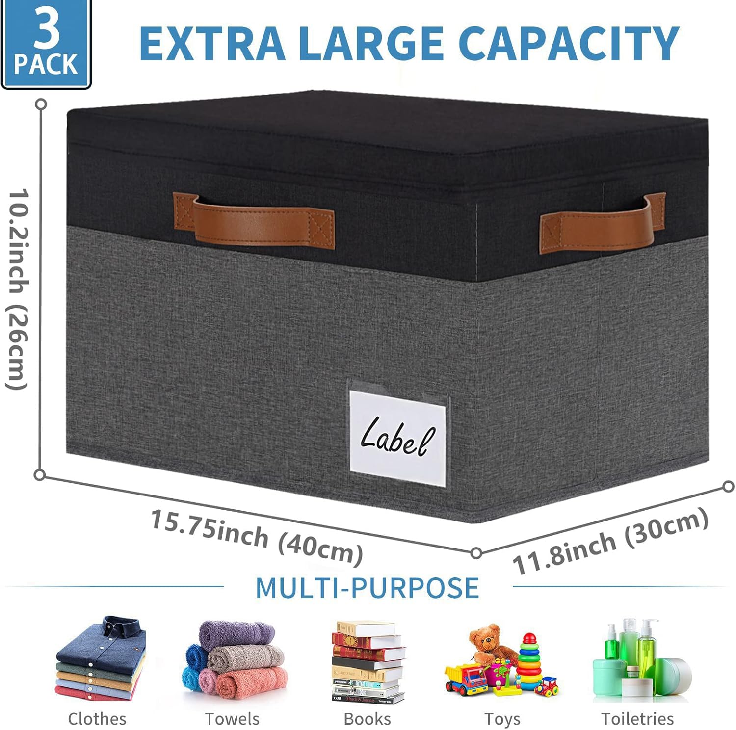 GhvyenntteS Extra Large Storage Bins with Lids, Foldable Fabric Storage Boxes with Lids and Handles, Storage Baskets with Lid and Label for Home Office (3 Pack, Grey&Black, 15.75" x 11.8" x 10.2")