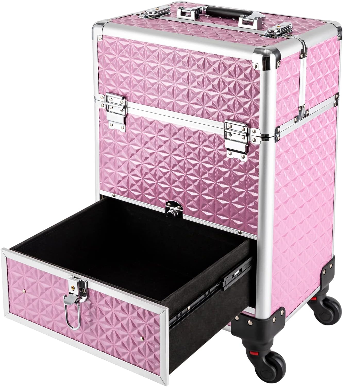 Rolling Makeup Case, Nail Storage Box with Wheels Portable Makeup Trolley for Beauty Studio Hairdressers Nail Technician (Pink)