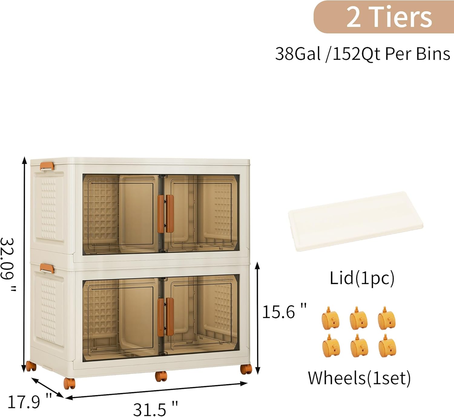 Plastic Stackable Storage Bins with Lids and Wheels, Foldable Closet Organizers and Storage Containers, Collapsible Clear Drawer Storage Cabinet with Doors Ivory White 304 QT
