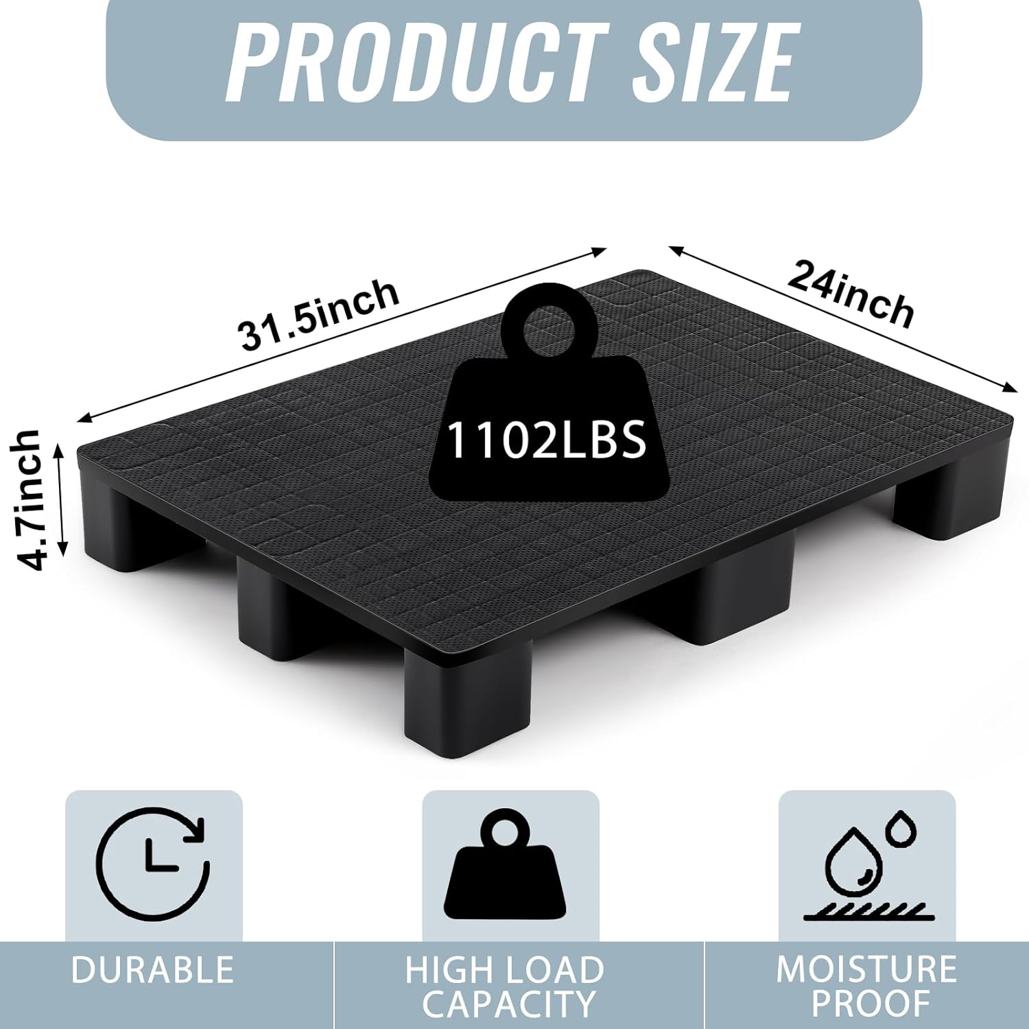 1 Pcs Plastic Pallet for Basement Storage Easy Stack Lightweight Floor Pallet Display Flooring Room Supermarket Christmas, Support up to 2000 Lbs (31.5'' L X 24'' W X 4.7'' H,Black)