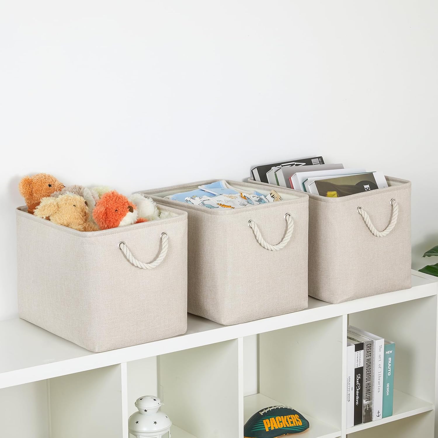 Bidtakay Large Storage Baskets for Shelves 3 Pack Fabric Storage Bins for Organizing Linen Collapsible Organizer for Closet-Light Biege