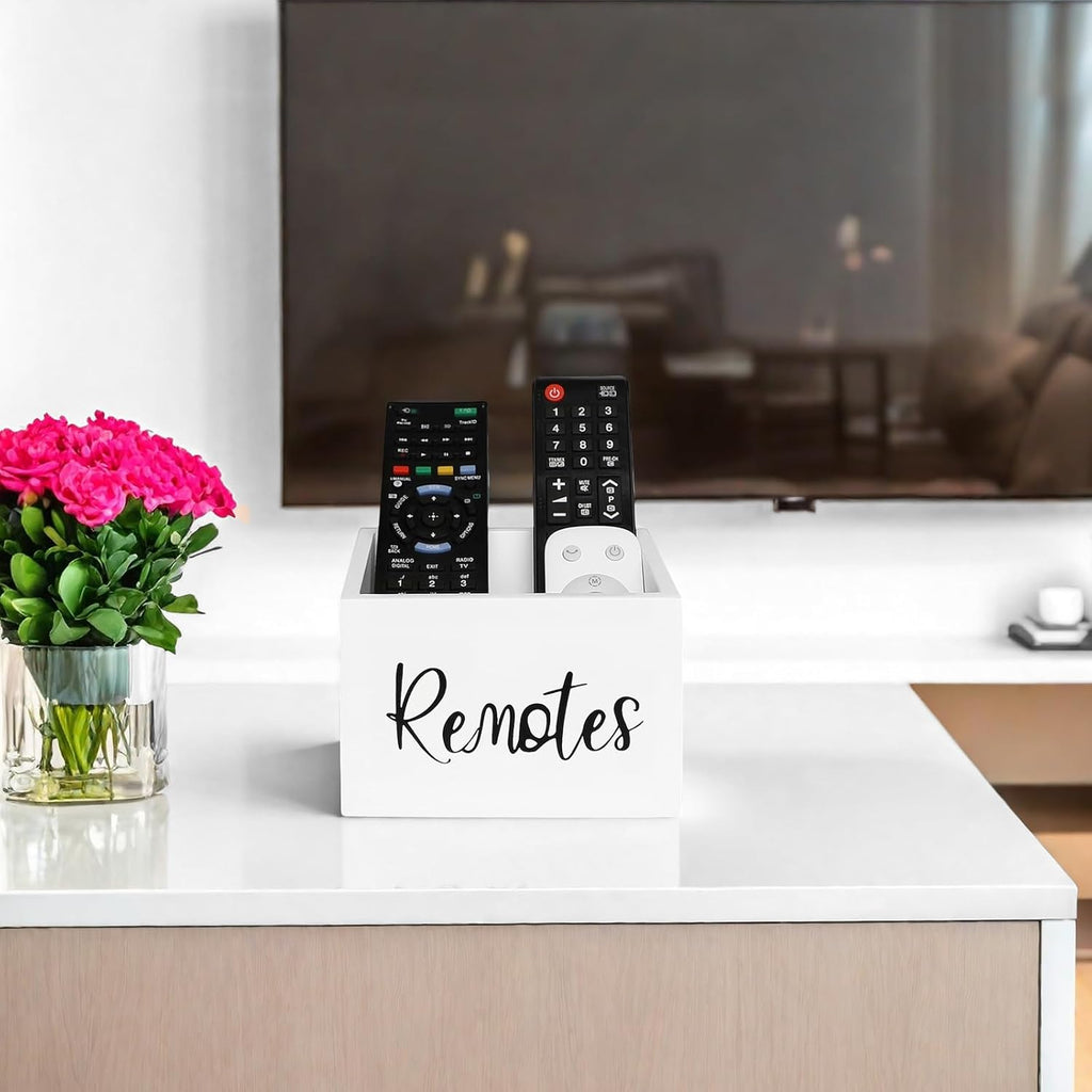 Wood Remote Control Holder, TV Remote Control Organizer for Home Bedroom Table, Multi-Purpose Desktop Storage (White, M,for 3+ Remote Controls)