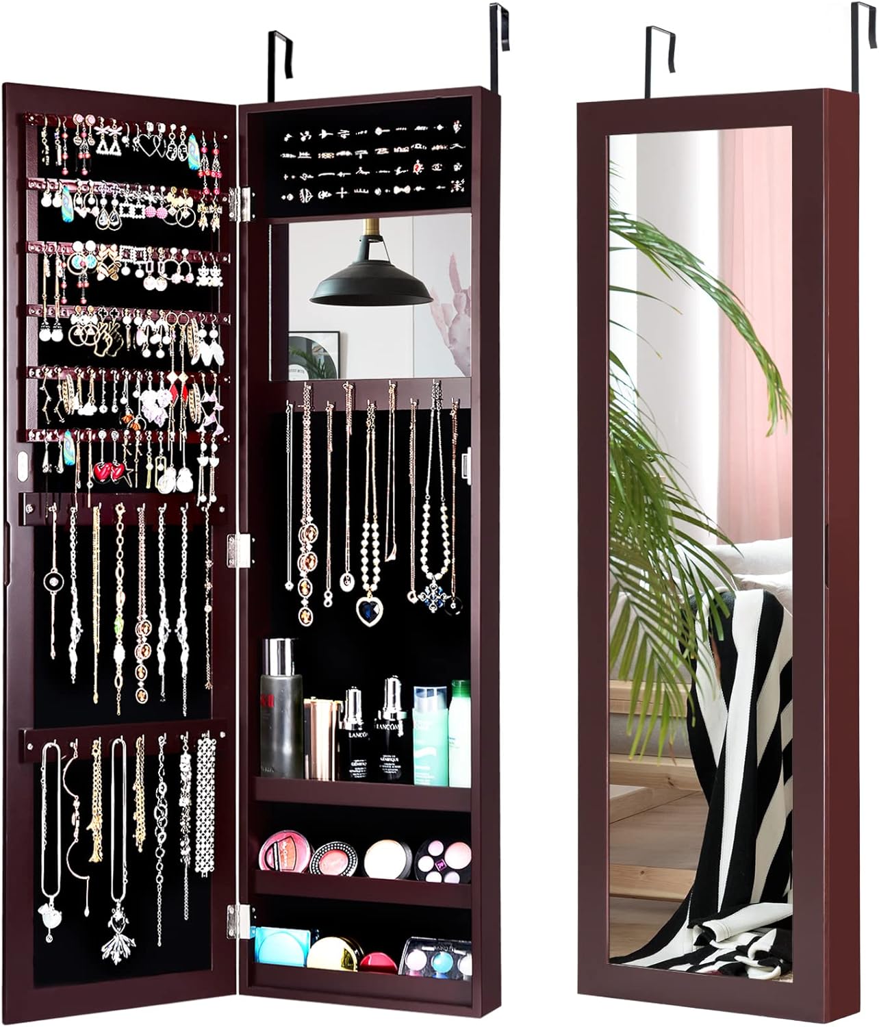 COSTWAY Full Length Mirror Jewelry Cabinet, Wall Door Mounted Jewelry Organizer with Makeup Mirror, Ring Slots and Necklace Hooks, Large Storage Jewelry Armoire for Bedroom, Dressing Room (Brown)