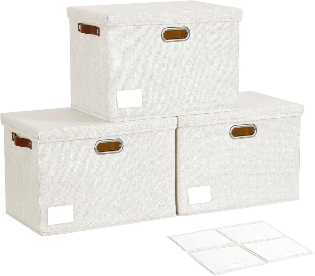 17" Large Collapsible Storage Bins with Lids, Stackable Closet Organizers with PU Handle and Labels, 3-Pack Decorative Fabric Storage Boxes for Home, Bedroom, Closet, Office, Nursery(White)