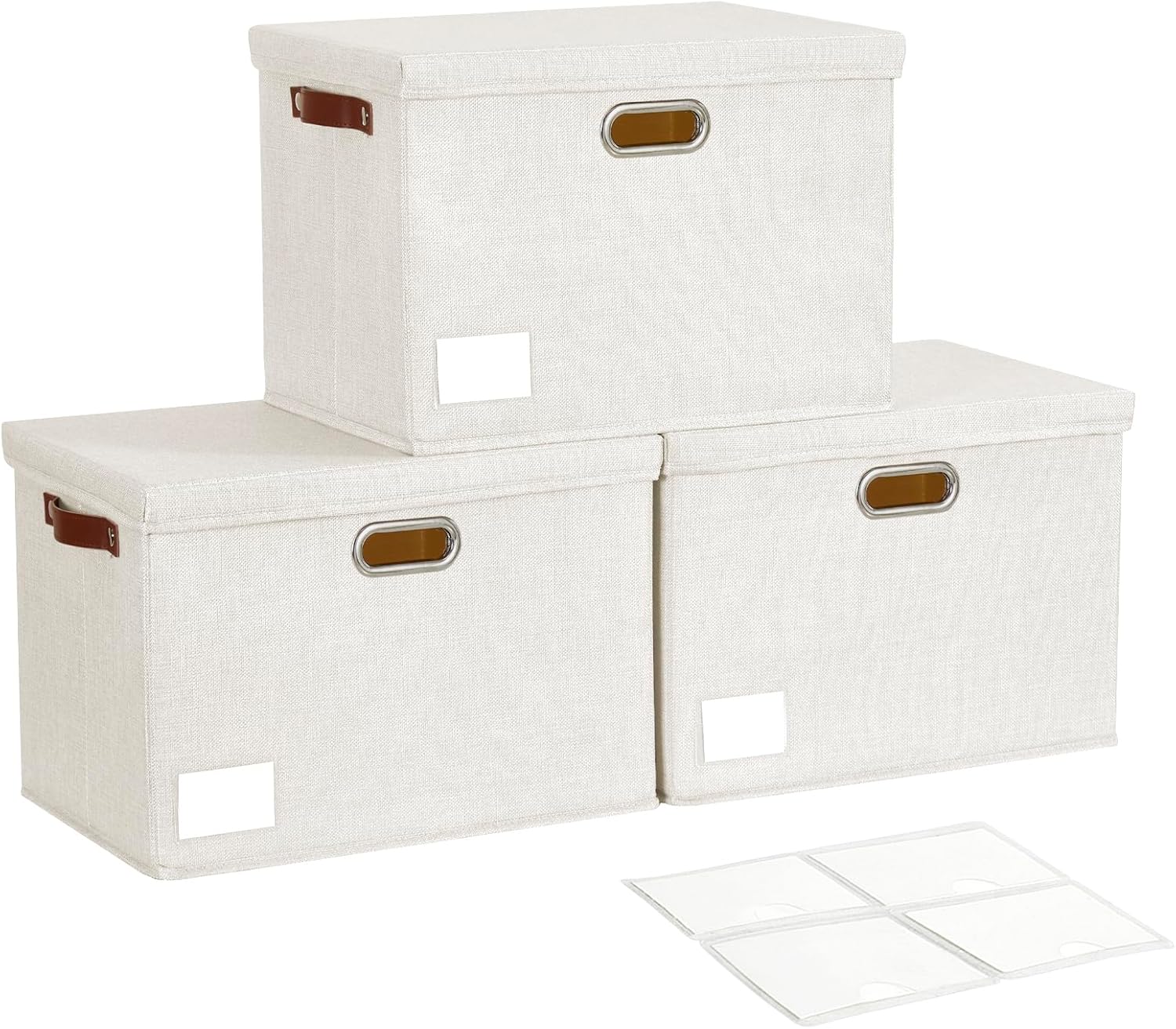 17" Large Collapsible Storage Bins with Lids, Stackable Closet Organizers with PU Handle and Labels, 3-Pack Decorative Fabric Storage Boxes for Home, Bedroom, Closet, Office, Nursery(White)