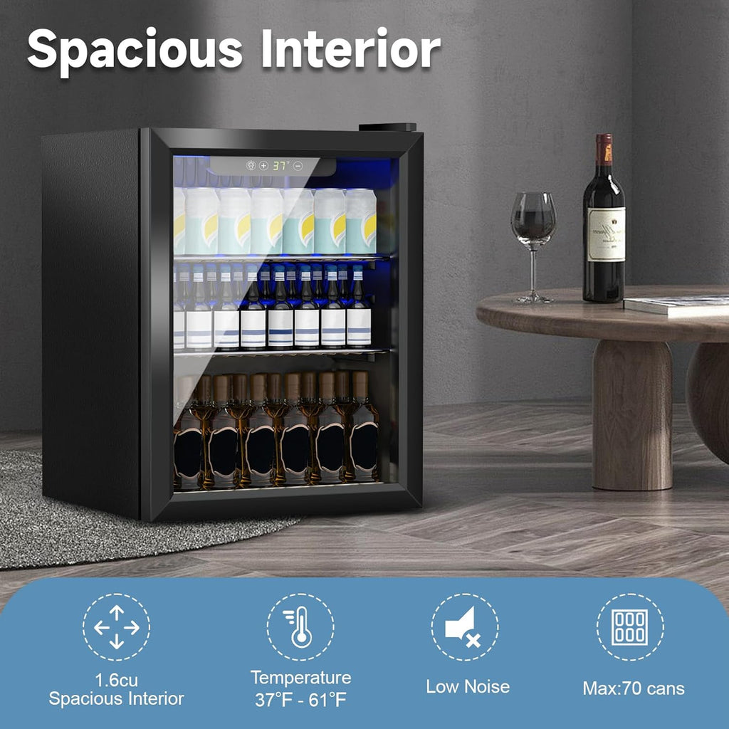 1.6 Cu.Ft Mini Fridge for 70 Cans, Small Beverage Refrigerator with Glass Door, Adjustable Shelves & Digital Display, Compact Drink Fridge for Bedroom, Office, Dorm, Bar, Under Counter Use
