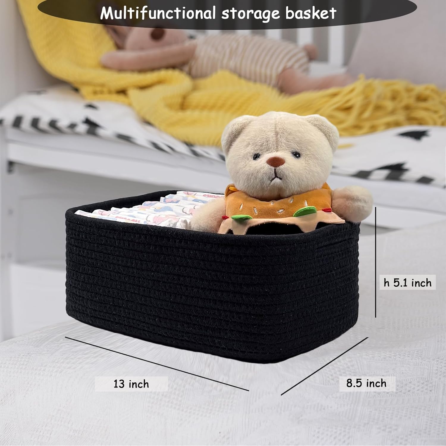 COMFY-HOMI 13" x 8.5" x 5.1" Storage Baskets for Organizing | Cotton Rope Woven Basket | Toy Storage Bin Box | Basket for Shelves, Closet Organizer Bin, Decorative Closet Shelf, 1 Pack, All black