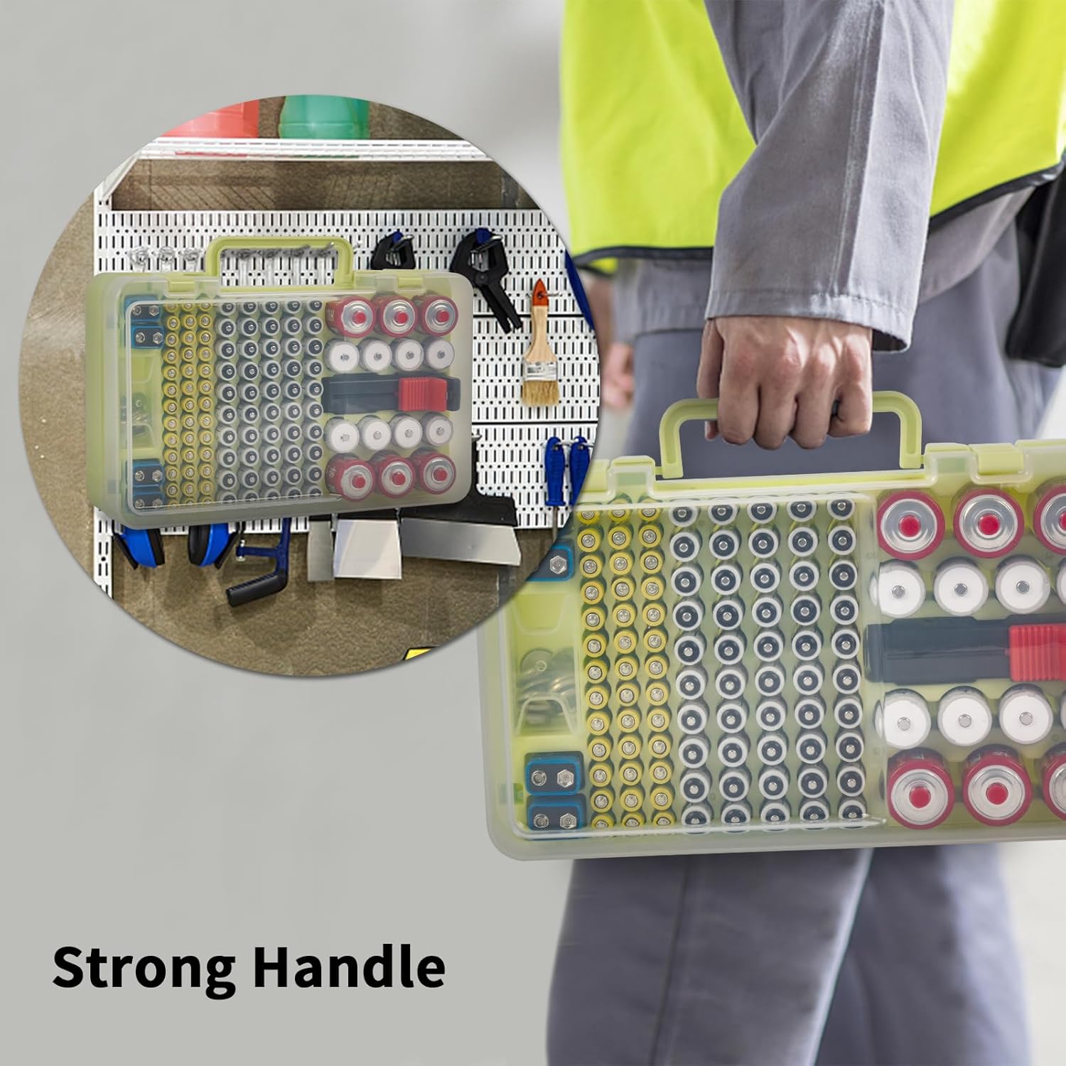 Battery Organizer Storage Case with Tester Checker. Batteries Holder Box Container for 120+ AA AAA 9V C D Lithium CR2025 CR1632 CR2032 Coin Cell Battery with Wall-Mounted Design -Green