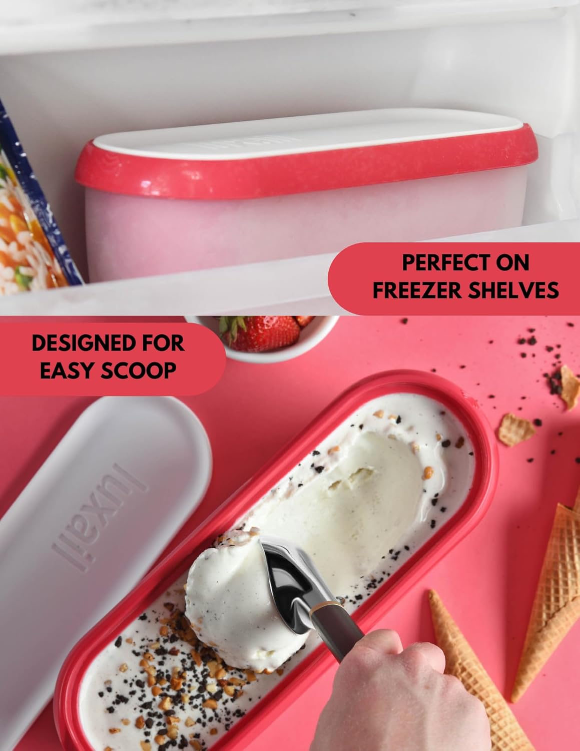 Ice Cream containers for homemade ice cream, Reusable Storage Freezer ice cream Container With Lids, BPA FREE, Dishwasher Safe Tub. Double Insulated, 1.5 Quart, Red, Non Slip Base, Stackable on