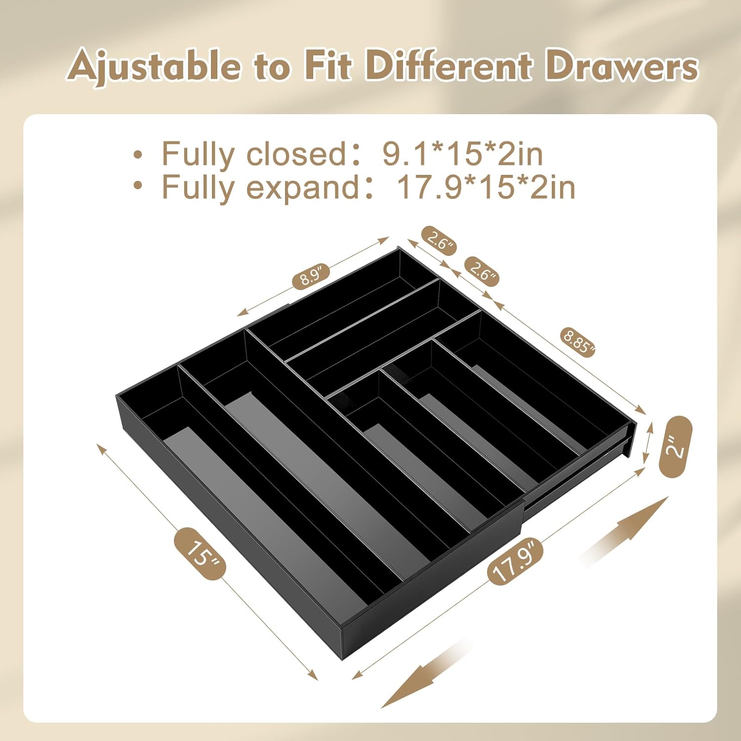 1 Pcs Acrylic Drawer Organizer 9'' up to 18'' x 15'' x 2'' Expandable Drawer Organizer Pens Notebook Ruler Makeup Tray with 7 Adjustable Compartments for Desk Office Kitchen Bathroom(Black)