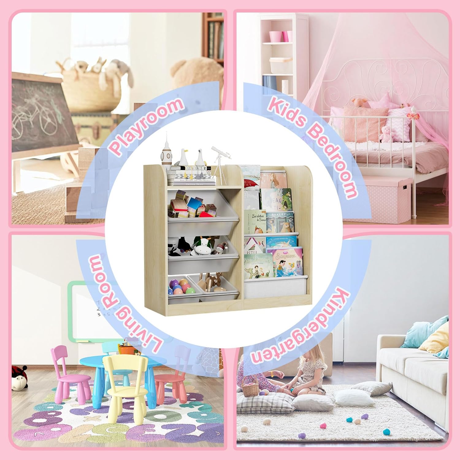 Natural Kids Wood Bookshelf Toy Storage Box Organizer Shelf W/4 Removable Plastic Toy Bins Children Bookcase Toddler Baby Sling Book Rack Cabinet Chest Girl Boy Gift Playroom Classroom Bedroom Nursery