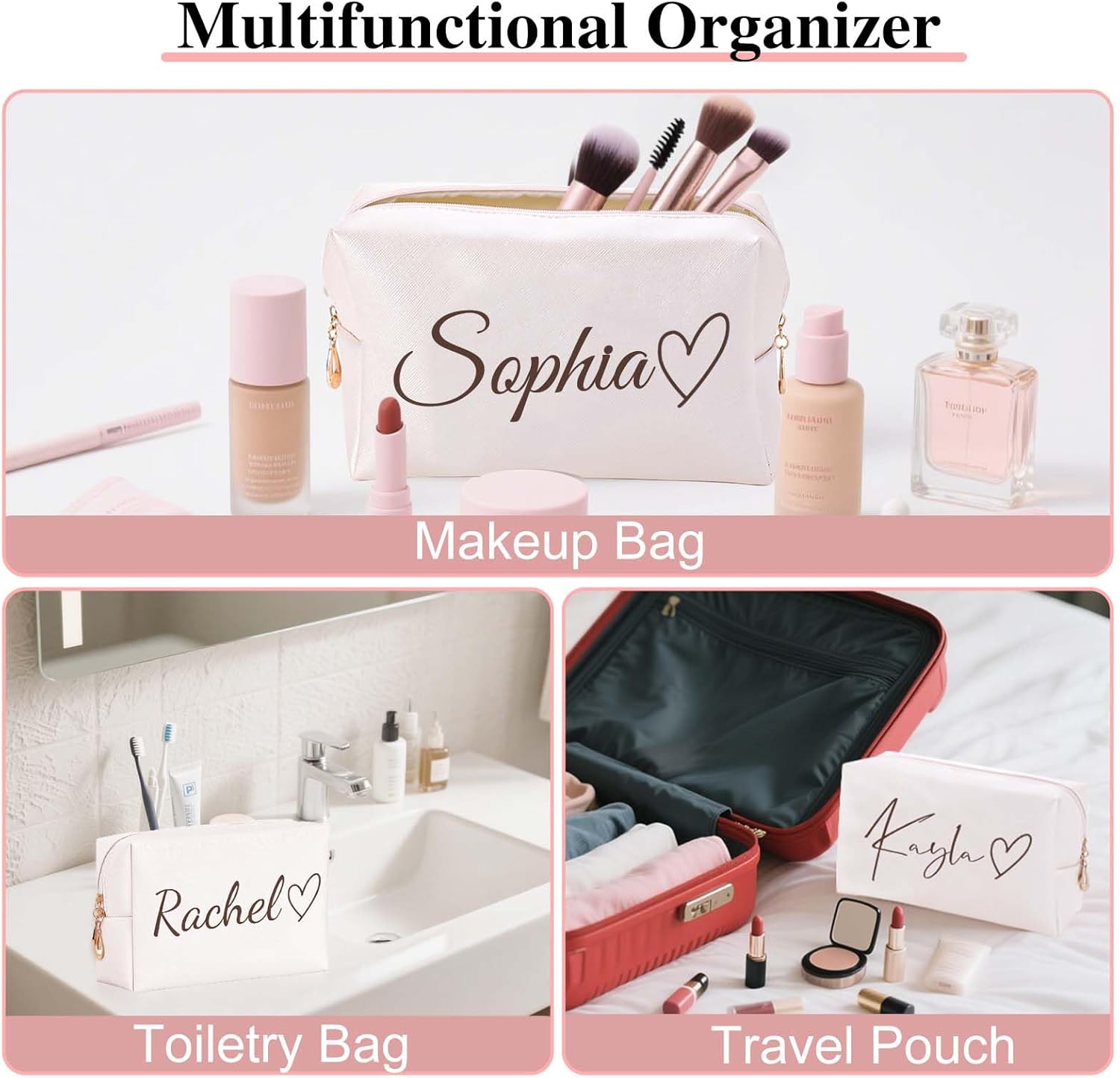 Personalized Makeup Bag with Name & Birth Flower, Custom Leather Cosmetic Bags for Women, Customized Travel Toiletry Bag Gifts for Bridesmaid Wedding