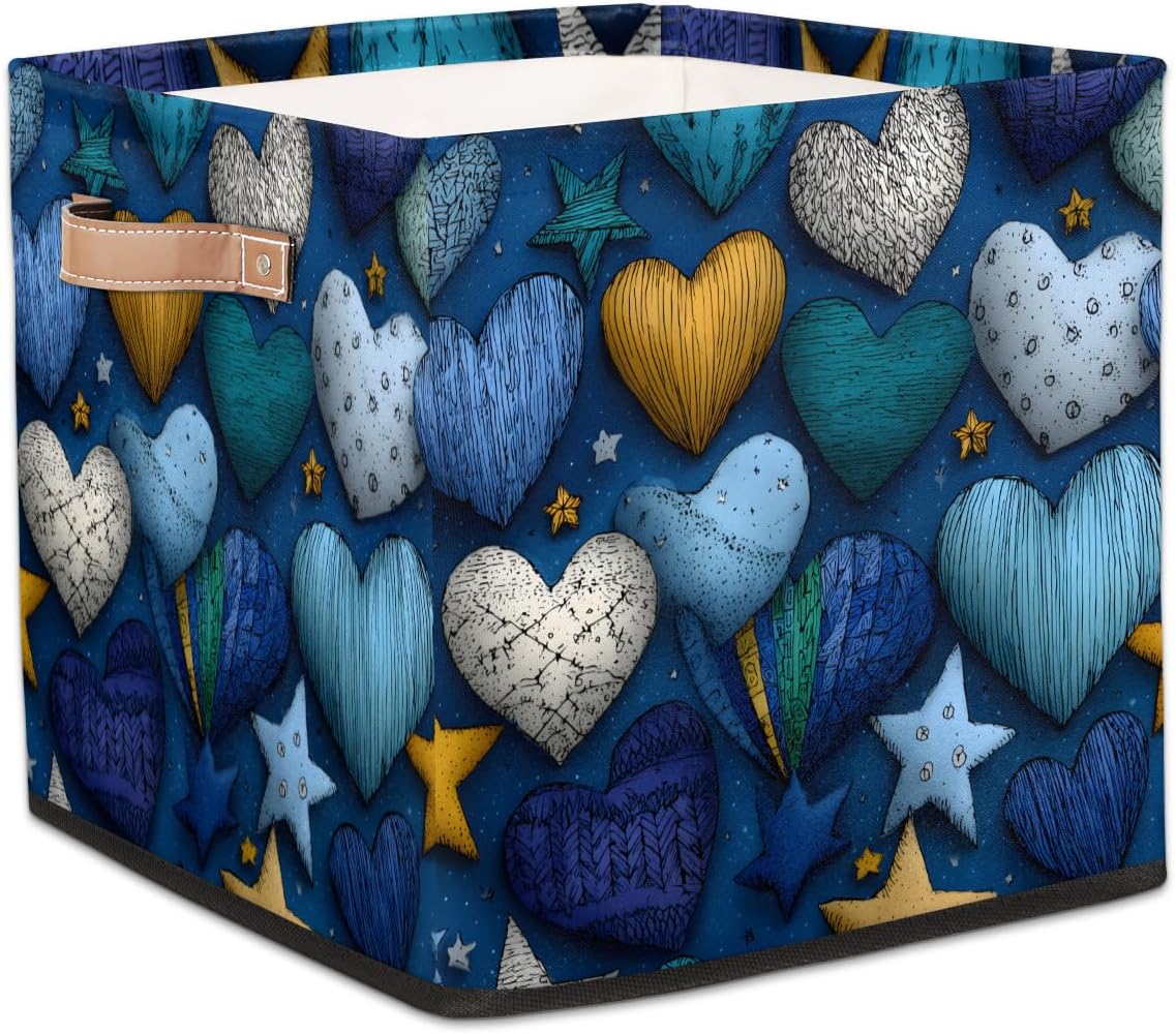 TropicalLife 13x13x13 Inch Large Fabric Storage Cube Vintage Valentine's Day Hearts Foldable Storage Bin with Handles Organizer Boxes Cube Basket for Shelves Organizing Closet