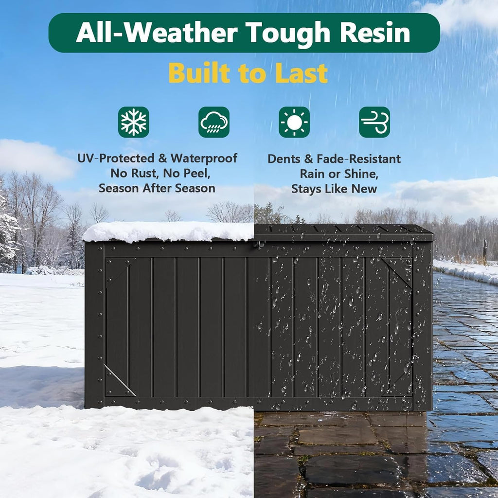 100 Gallon Outdoor Storage Box, Lockable Resin Deck Box for Patio Cushions, Throw Pillows, Garden Tools, Weatherproof Large Outdoor Storage Bench for Yard, Porch, or Balcony