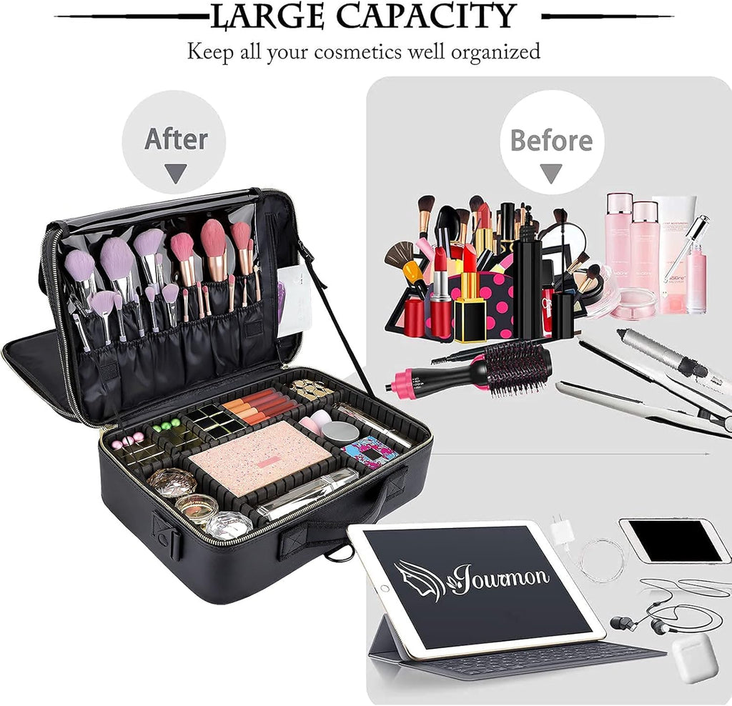 JOURMON Travel Makeup Train Case,Large Capacity Cosmetic Bags for Women,Portable Makeup Bag Organizer with Adjustable Dividers & Shoulder Strap(Black, L)