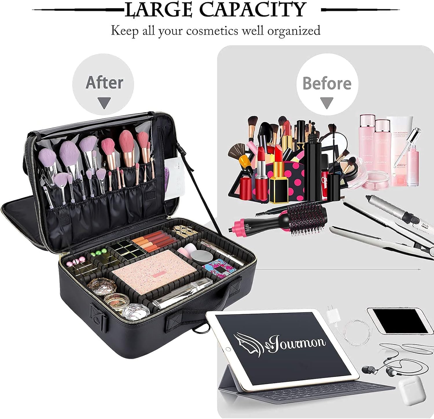 JOURMON Travel Makeup Train Case,Large Capacity Cosmetic Bags for Women,Portable Makeup Bag Organizer with Adjustable Dividers & Shoulder Strap(Black, L)