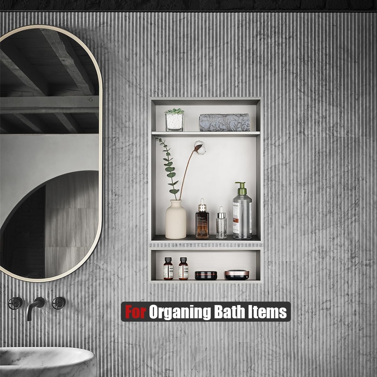 JQK Shower Niche No Tile Need, 4"×14" Brushed Nickel Bathroom Insert Shelf, 304 Stainless Steel Recessed Shower Caddy Organizer Storage, SNL414-BN