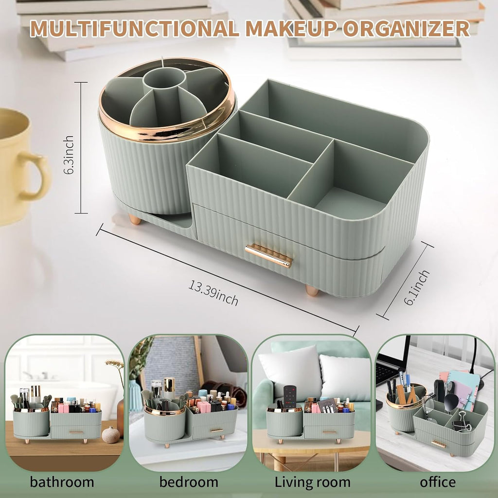 Makeup Organizer for Vanity, Cosmetic Display Case with Drawers, Fits Makeup, Skincare Products, Brushes, Lipsticks, and Other Accessories, Versatile Storage Solution (Green)