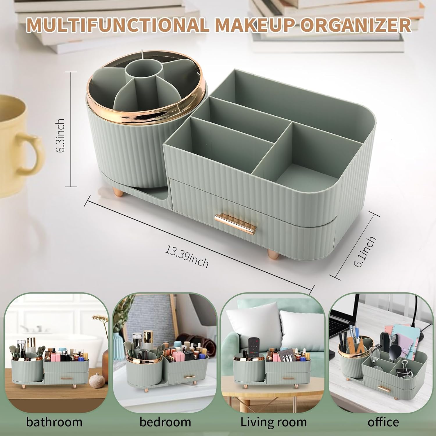 Makeup Organizer for Vanity, Cosmetic Display Case with Drawers, Fits Makeup, Skincare Products, Brushes, Lipsticks, and Other Accessories, Versatile Storage Solution (Green)