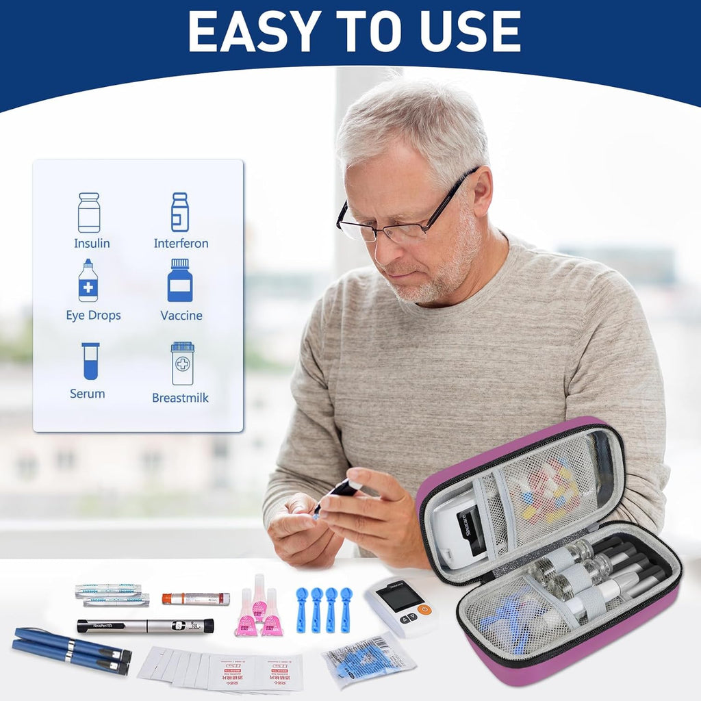 Insulin Cooler Travel Case, Portable Temperature Display Medicine Travel Cooler, Diabetes Case with 2 Reusable Ice Packs TSA Approved for Diabetic Supplies Patent Pending(Purple-No Temp)