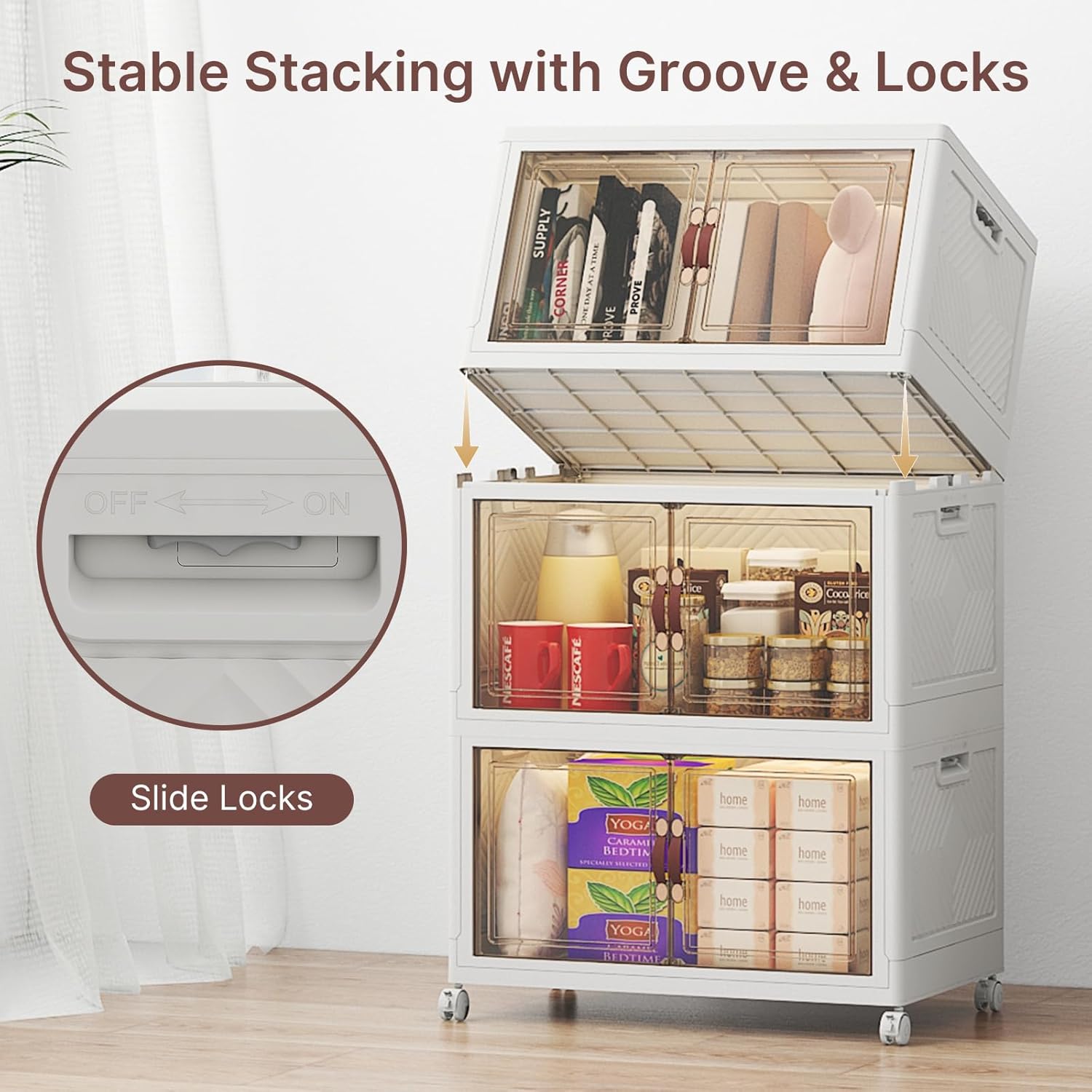 Stackable Storage Bins with Lids, Large Collapsible Storage Bins with Wheels, Plastic Cabinet with Doors, Foldable Closet Organizers for Home, Dorm, Office (White-55QT, 3Pack with 1Top Lid)