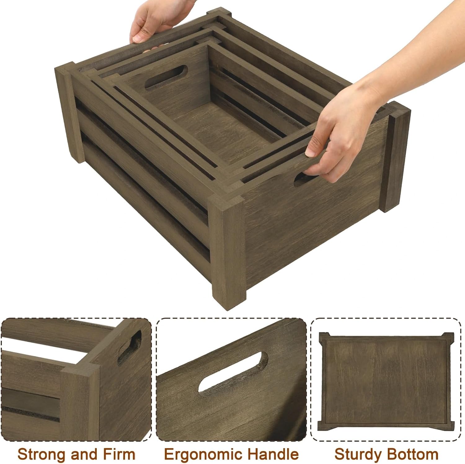 Lawei Set of 3 Wood Nesting Storage Crates with Handle, Rustic Farmhouse Decorative Wooden Crates Distressed Crates Storage Container for Display, Large Vintage Wood Decor Crates Wooden Baskets