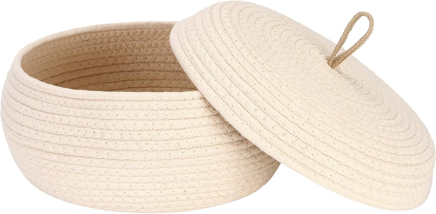 Sea Team Round Cotton Rope Storage Basket with Lid, Decorative Woven Storage Bin, Pot, Caddy, Organizer, Container for Snacks, Towels, Plants, 13 x 5.5 Inches (Large, Shallow, Cream)