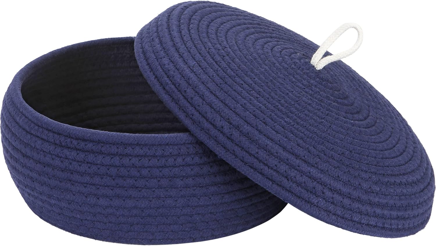 Sea Team Round Cotton Rope Storage Basket with Lid, Decorative Woven Storage Bin, Pot, Caddy, Organizer, Container for Snacks, Towels, Plants, 13 x 5.5 Inches (Large, Shallow, Dark Blue)