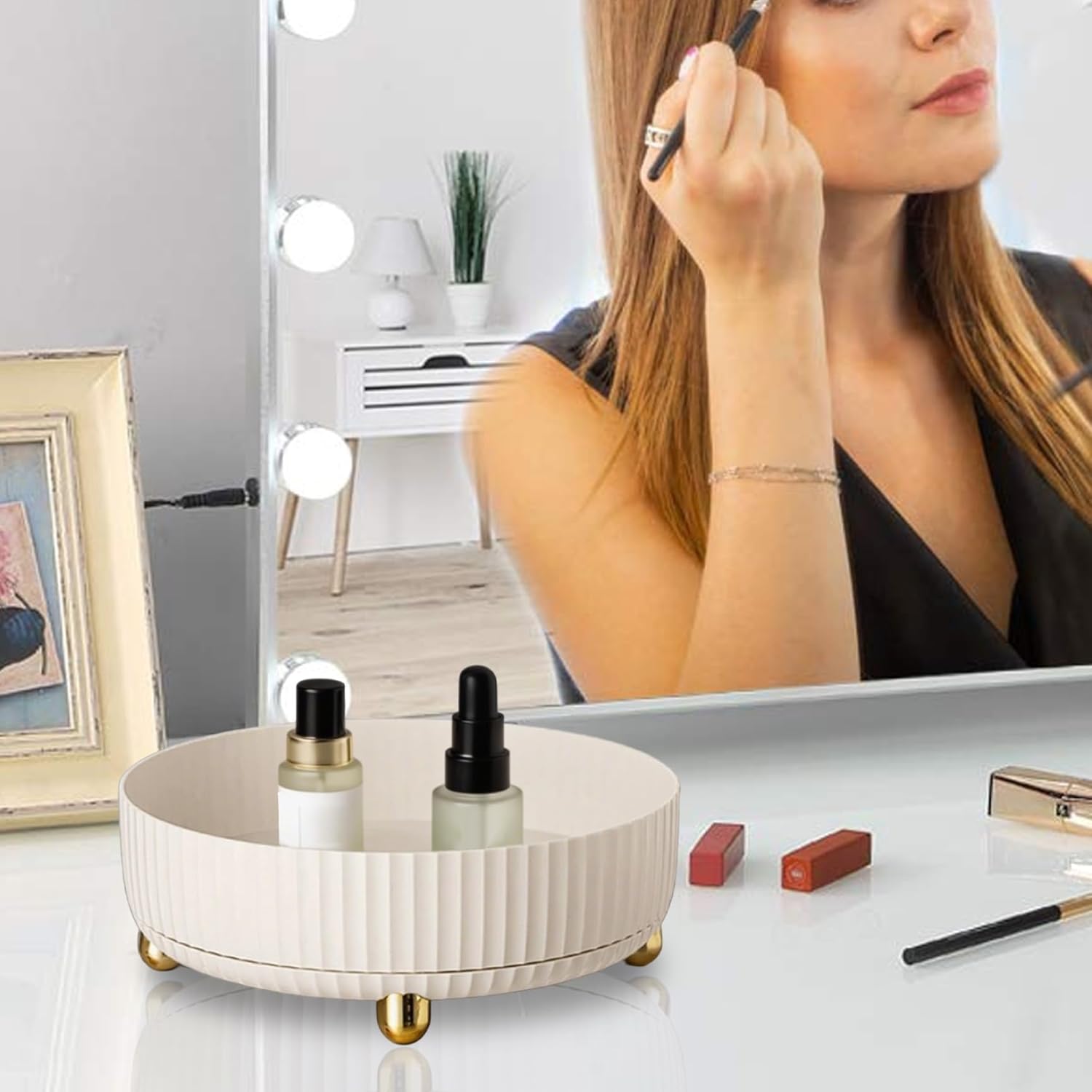 Rotating Makeup Organizer, 8.7 Inch Large Capacity Vanity Tray for Perfume & Cosmetics, Plastic