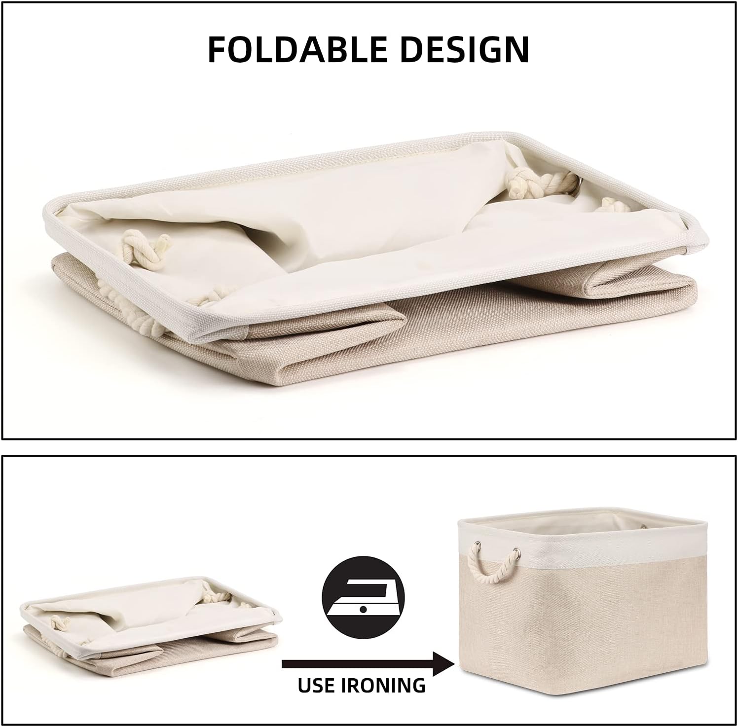 Bidtakay Beige Storage Basket Large Fabric Cloth Baskets [2-Pack] Tall Rectangular Shelf Baskets 16X11.8X11.8 in Canvas Collapsible Storage Bins with Handles for Organizing Living Room(White&Beige)